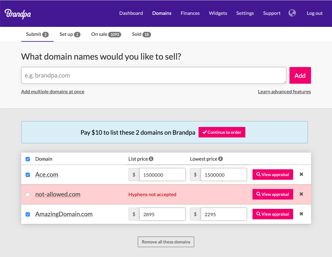 Submit new domains screen