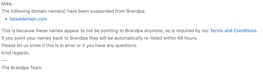 Domain name removed sue to not pointing to Brandpa